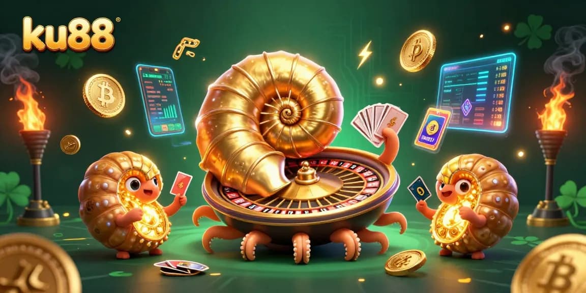 Engage in thrilling casino action with ku88’s dynamic 3D illustration featuring vibrant characters and crypto elements.