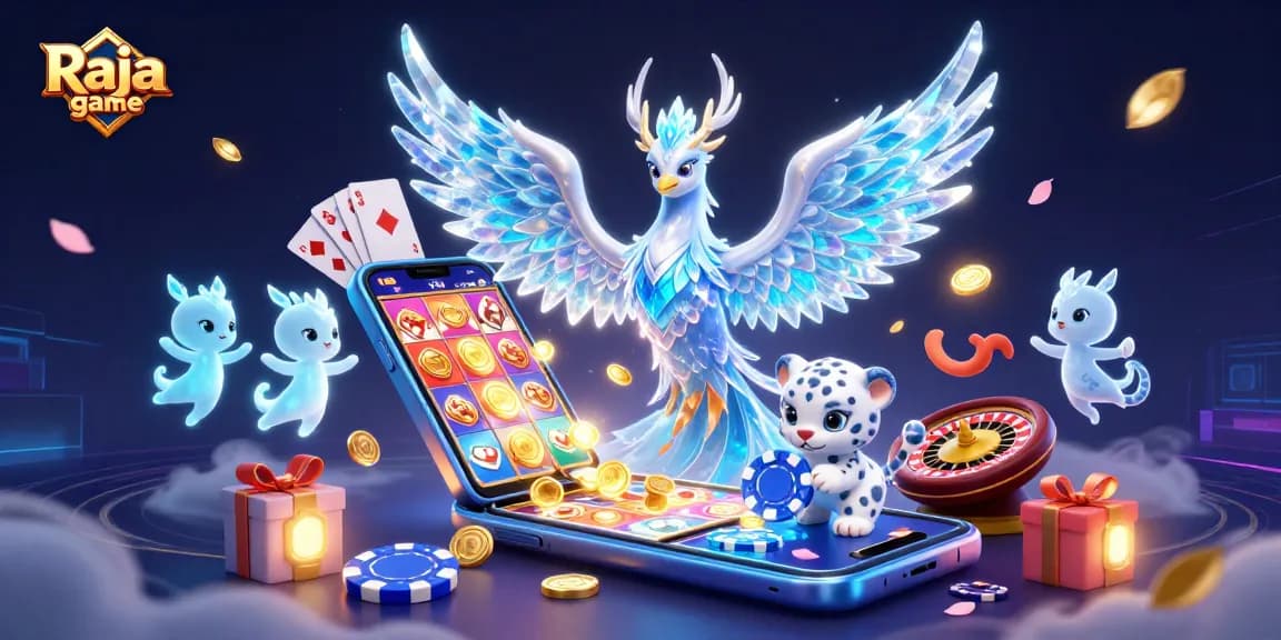 Engage with Raja game through exciting slot visuals and vibrant gaming characters in this artful illustration.