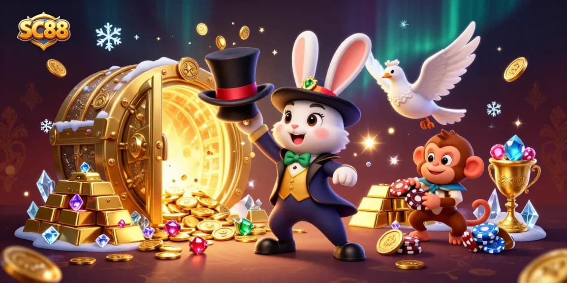 SC88 action scene with a magician rabbit, dove, and monkey amidst sparkling treasures.