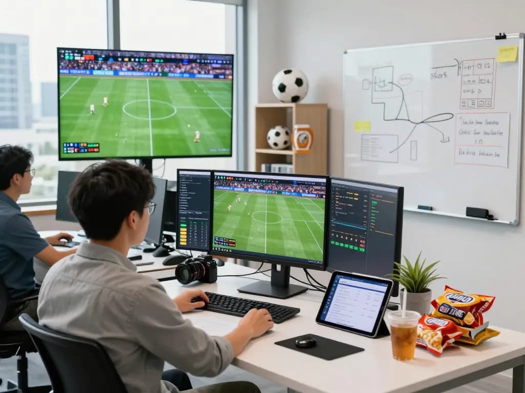 Soccer data analyst using nowgoal for live scores and match statistics in a vibrant office.