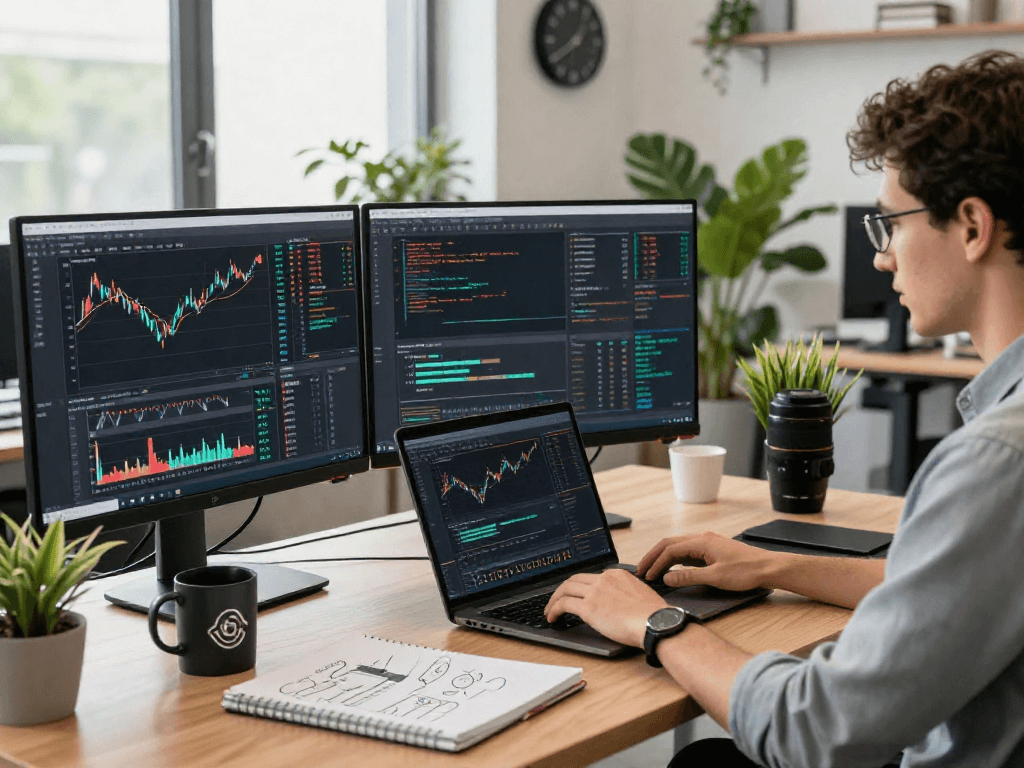 Real-time stock analysis scene showing US stock real-time API integration in a modern tech workspace.