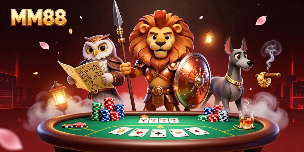 Engage with MM88's immersive gaming experience featuring a Spartan lion, tactical owl, and greyhound in a vibrant casino.