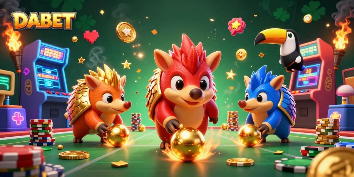 DABET's colorful 3D gaming scene showcases rival pangolins bowling with poker chips, enhancing the excitement of casino gameplay.