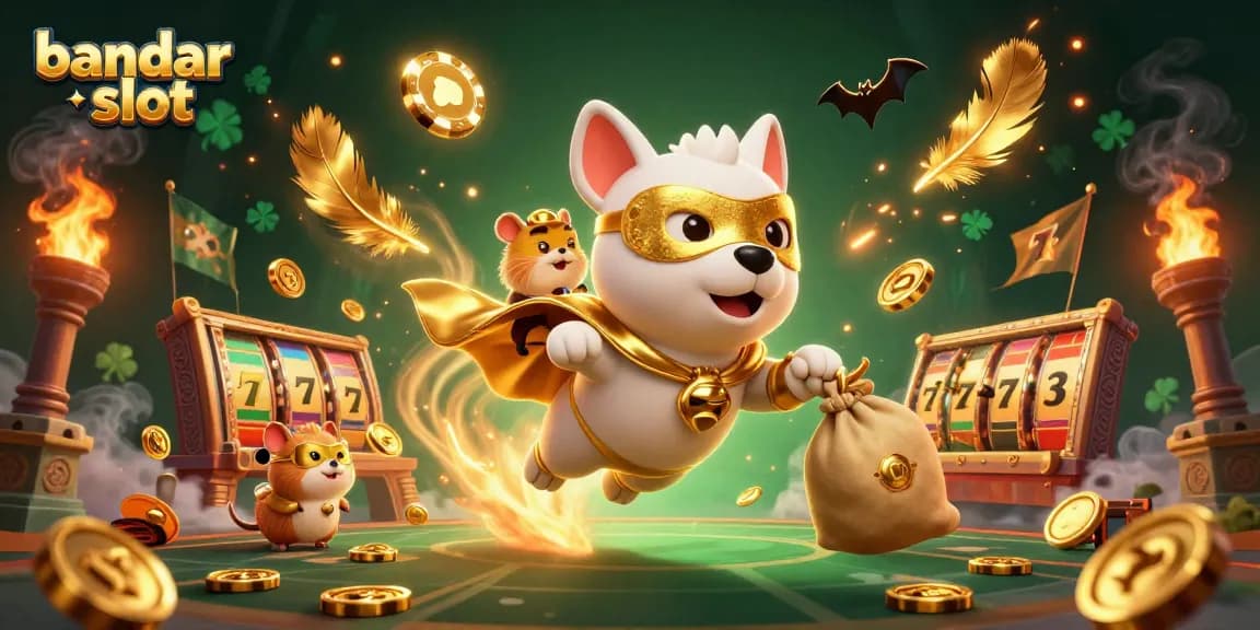 Experience thrilling gameplay at bandar slot with a superhero dog and hamster amidst dynamic casino elements.