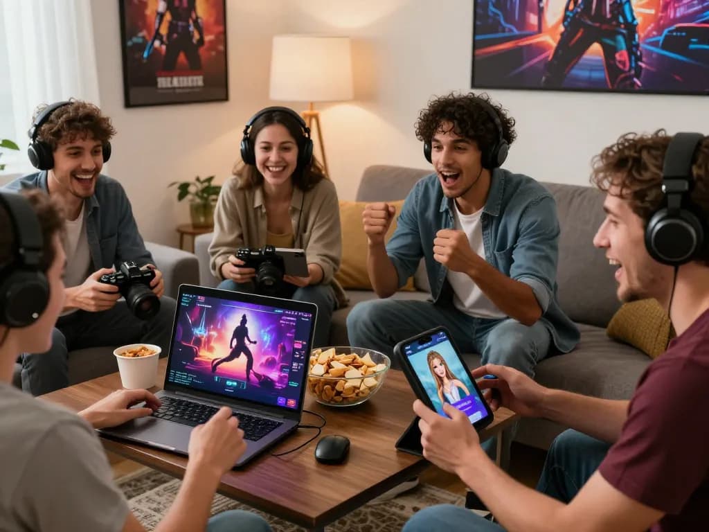 Group of gamers engaging with online porn games in a lively home setting, showcasing interactive sex simulator experiences.