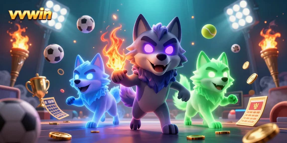 Experience thrilling gaming action with VVVWIN's vibrant 3D illustration of gaming excitement and sports betting.