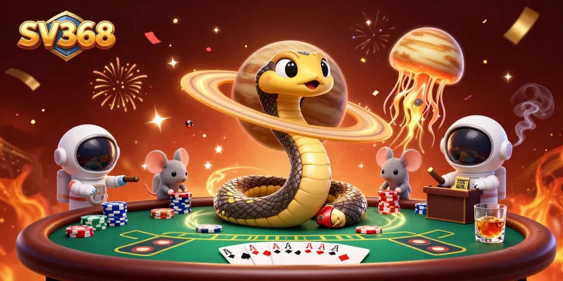 SV368 showcases a lively cosmic casino scene with mouse bettors and a golden jellyfish dealer.
