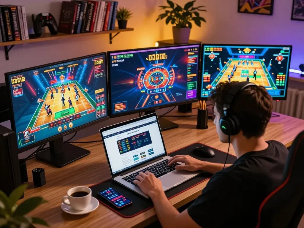 Engaged player exploring 9bet online casino interface in a stylish home setup