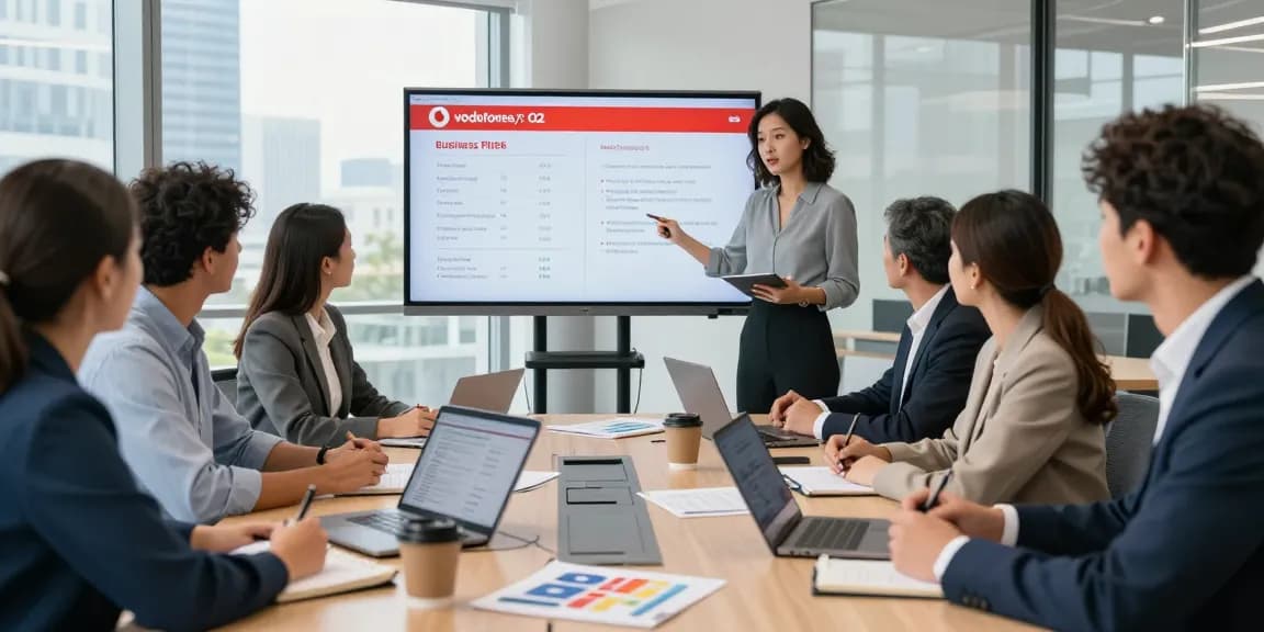 Team discussing Vodafone vs O2 business mobile plans in a modern office.