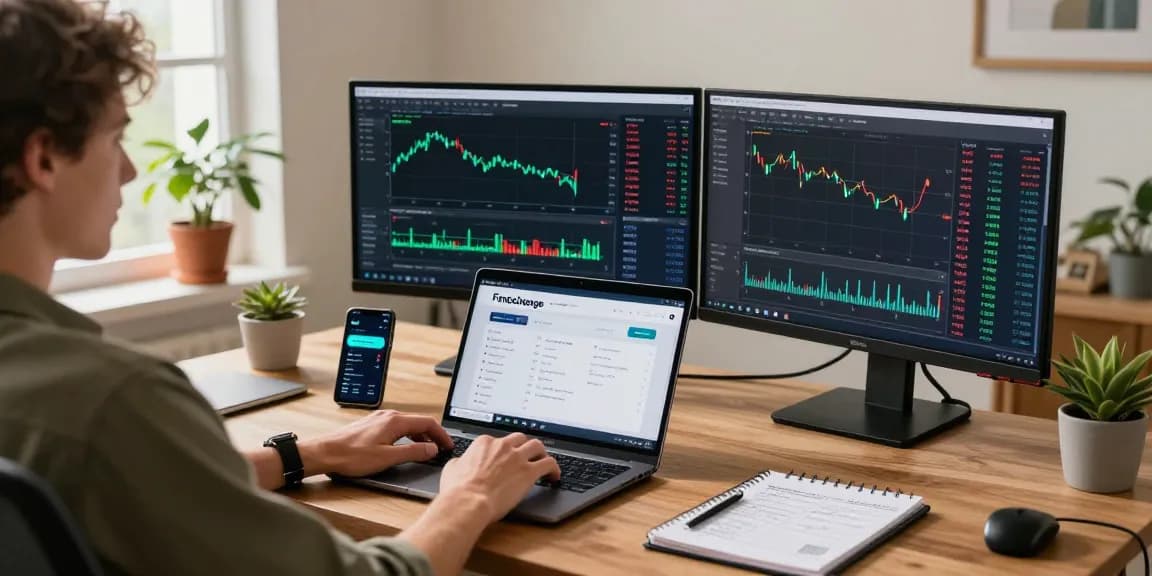 Funexchange platform on laptop in a cozy trading workspace with cryptocurrency charts and digital wallet app.