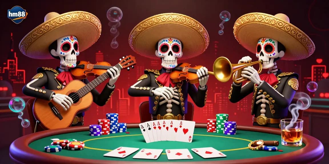 Experience rich gambling action with the vibrant hm88 mariachi poker scene featuring colorful characters and dynamic elements.