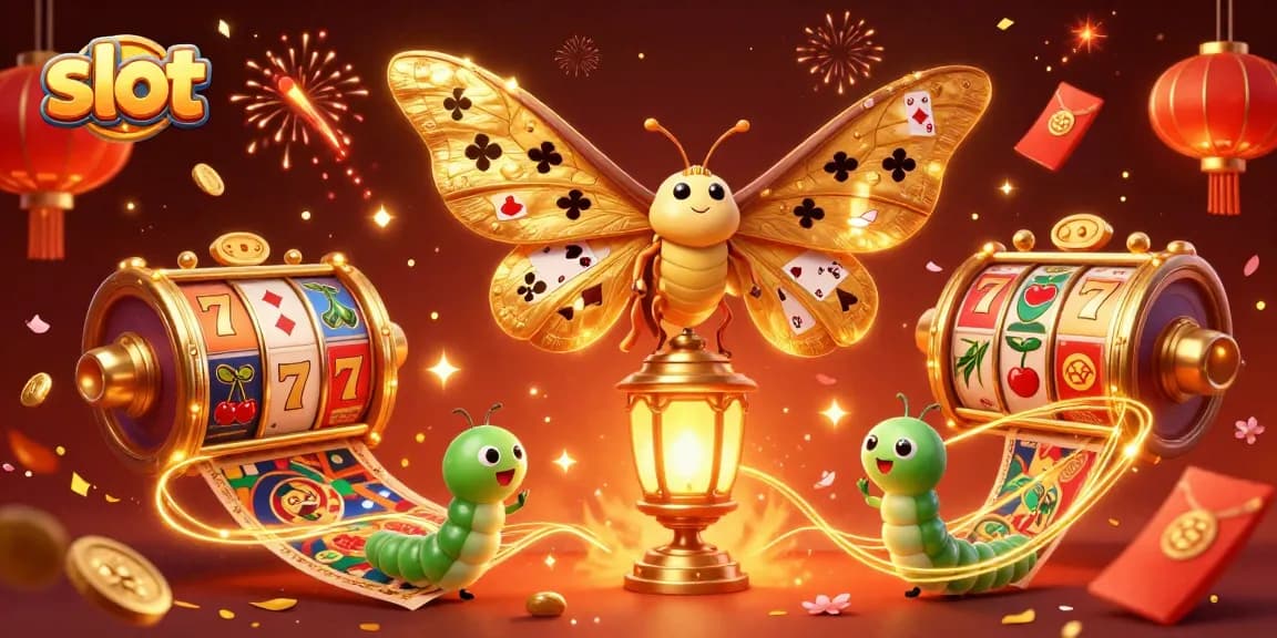 Engage with spinning slot reels in a rich casino celebration featuring golden butterflies and festive confetti