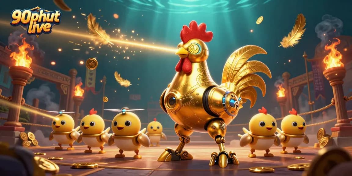 Experience 90phut live action with a golden rooster robot and chicks in an explosive betting arena scene.