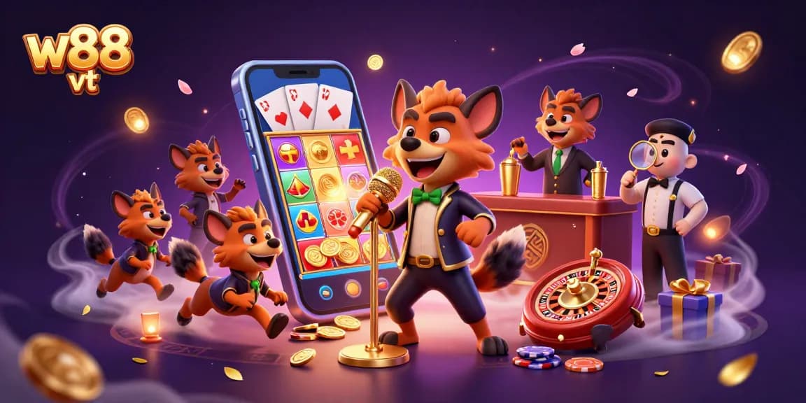 Chơi game cá cược hấp dẫn tại w88 vt với hyena hài kịch trong casino, tiền vàng và thẻ bài.