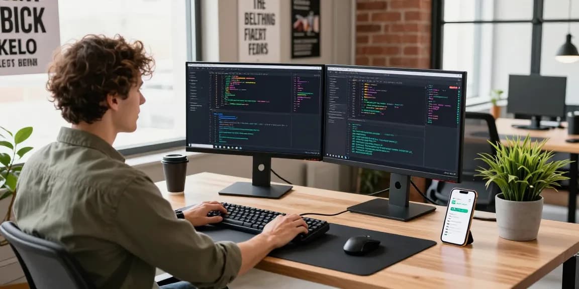 快连 network acceleration solutions showcased in a modern tech workspace with dual monitors and coding interfaces.