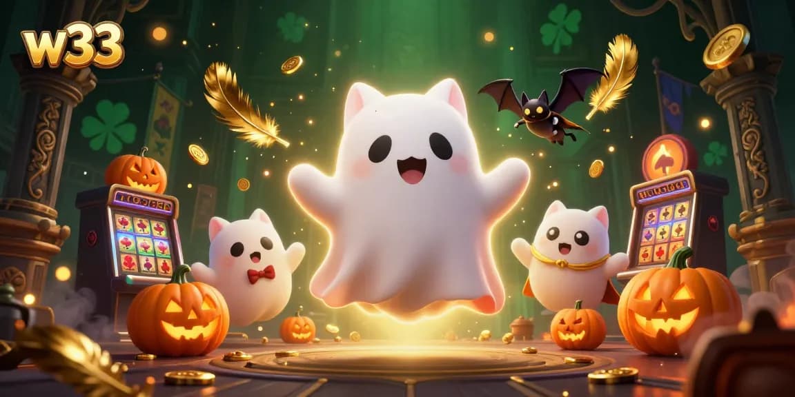 Experience thrilling gameplay at w33 casino, with enchanting ghost cat and vibrant casino elements.
