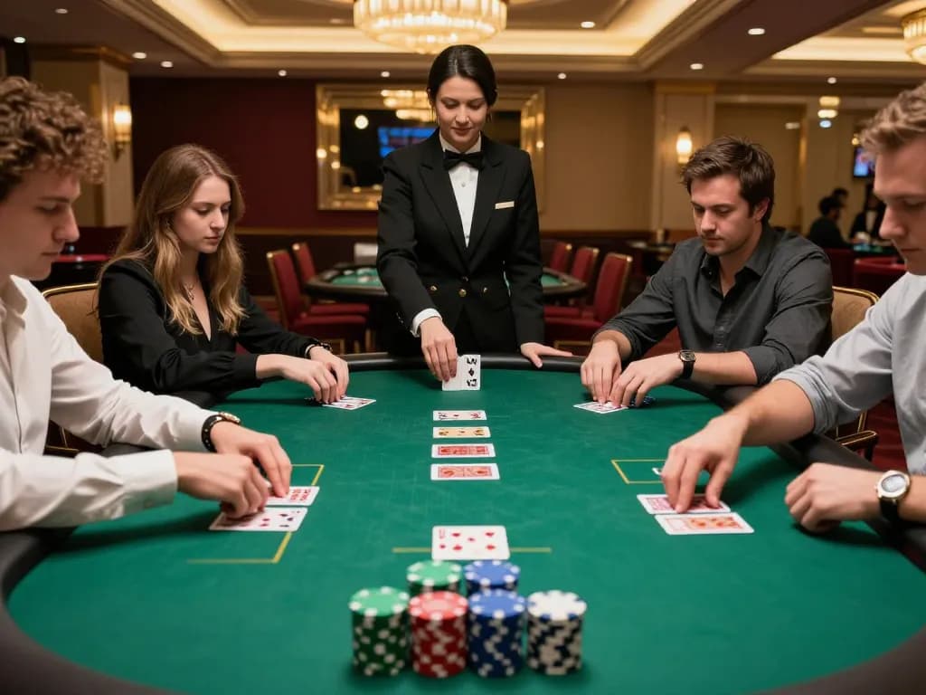 B52 players engaged in a tense poker game at a luxury casino table with colorful chips stacked.