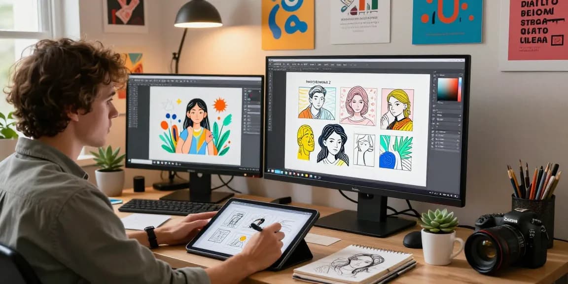Artist using Nano Banana 2 AI image editor in a vibrant digital workspace with creative elements.