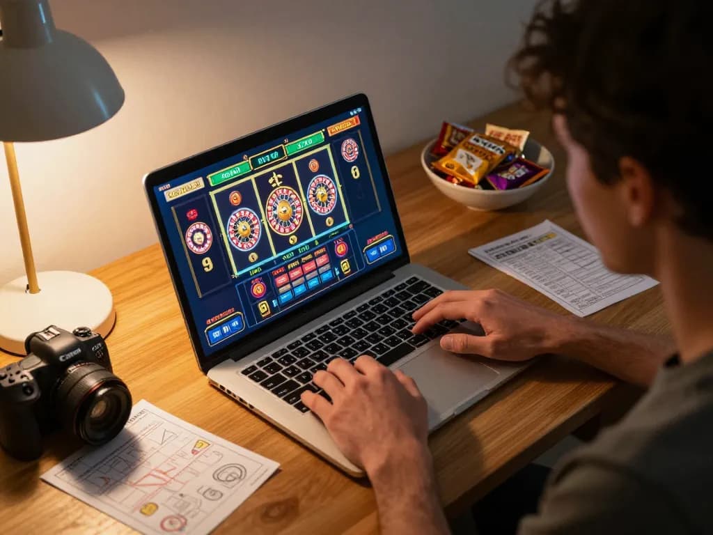 Engaging in online casino gaming with ee88go on a cozy home setup showcasing vibrant game graphics.