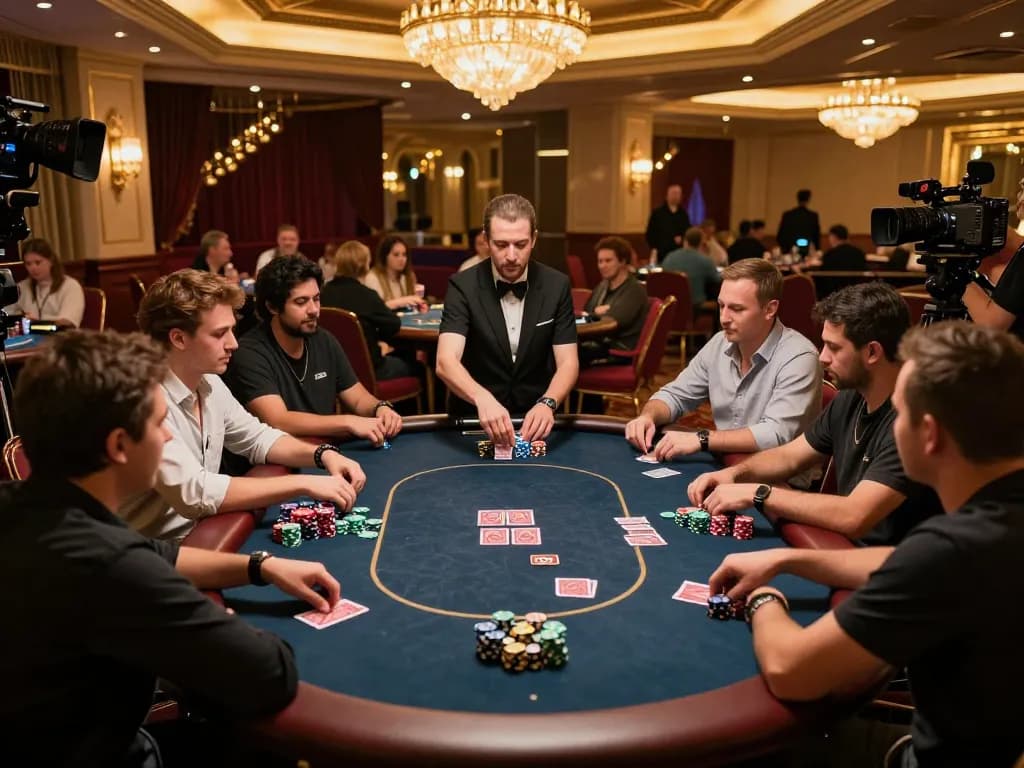 HELLO88 players strategically engaging in a high-stakes poker game within a luxurious casino environment.