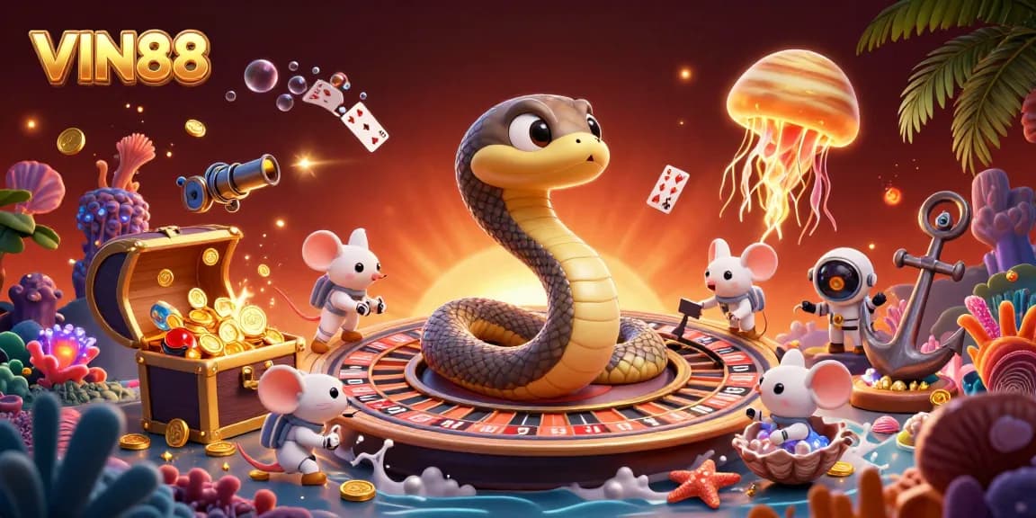 Engage with the dynamic VIN88 casino scene featuring a roulette wheel and playful astronauts betting.