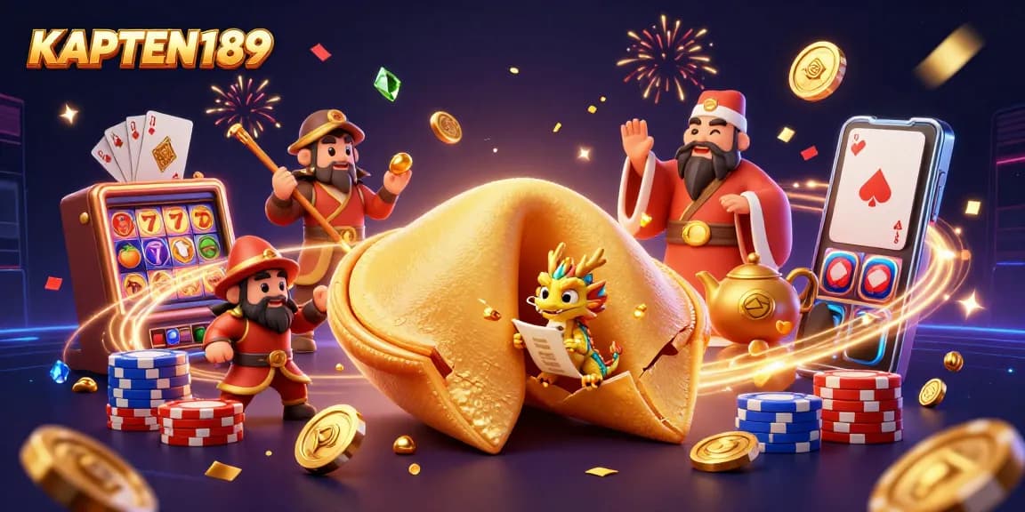 KAPTEN189 hadir dengan ilustrasi 3D menarik menunjukkan kue keberuntungan emas, simbol slot, dan efek koin terbang.