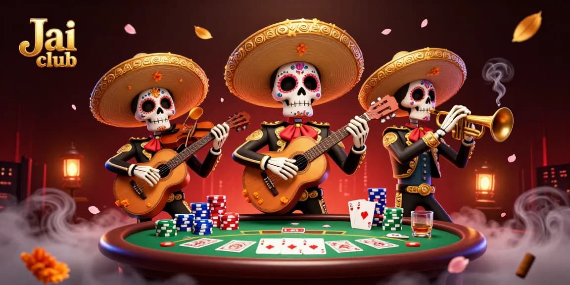 Engage in thrilling games at Jai club with vibrant mariachi characters and poker action