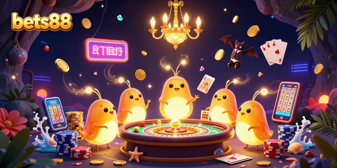 Bets88 illuminates gameplay with a vibrant casino scene featuring joyful glowworms and dynamic gaming elements.
