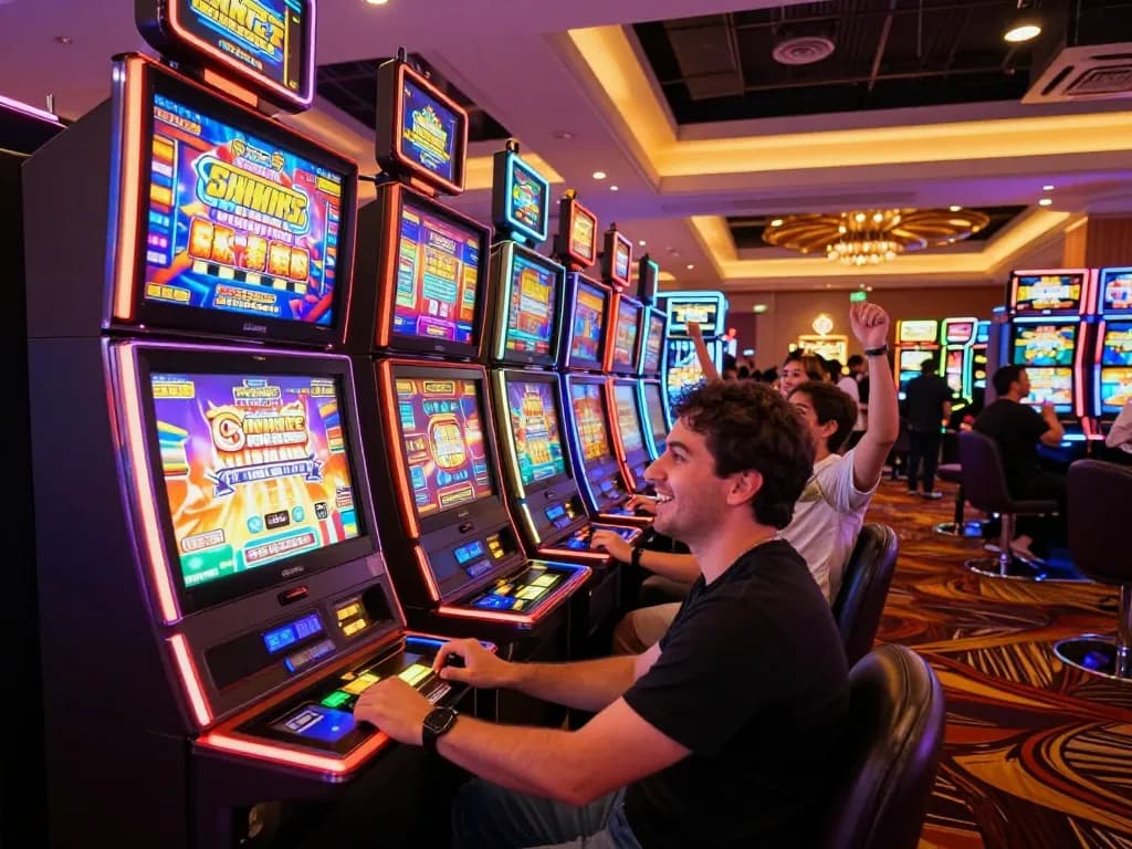 Players enjoying vibrant slot machines at MM 88 casino under warm neon lights