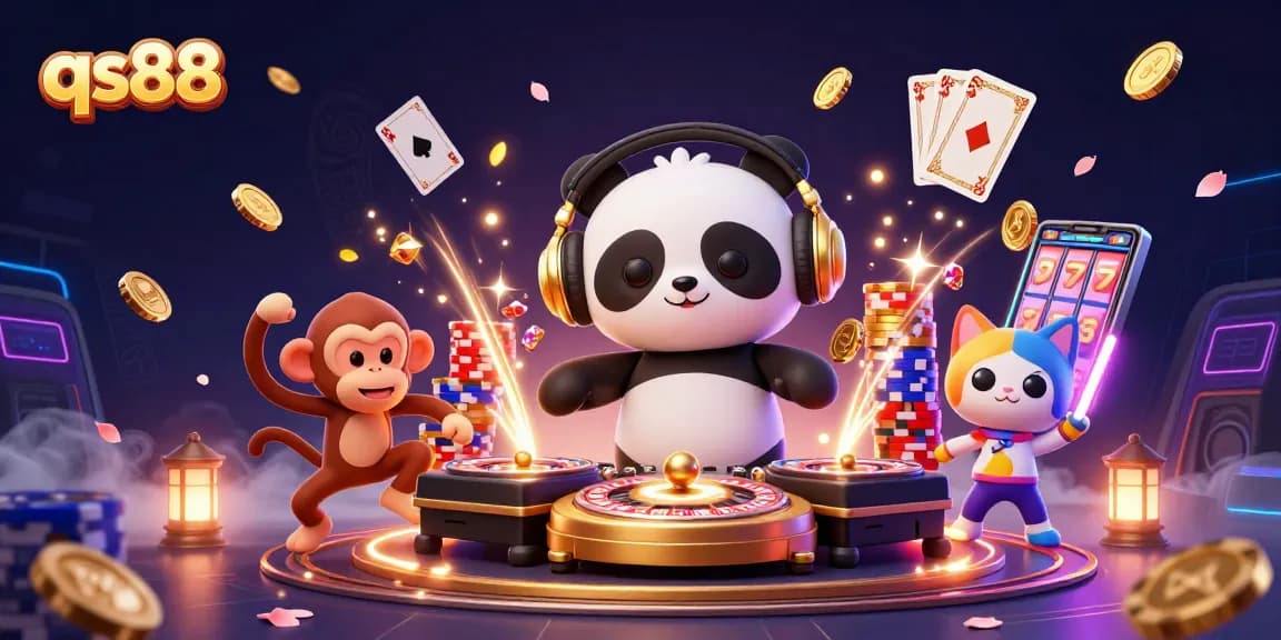 Experience winnings at qs88 with a vibrant 3D casino scene featuring animated characters and thrilling game elements.