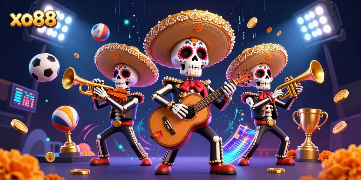 Engage with exciting betting action at xo88 with Día de los Muertos characters and sports elements.