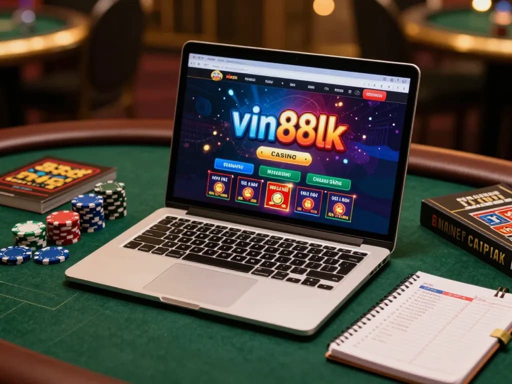 Engaging online gaming session on vin88lk with laptop, chips, and strategy notes, promoting responsible gambling.