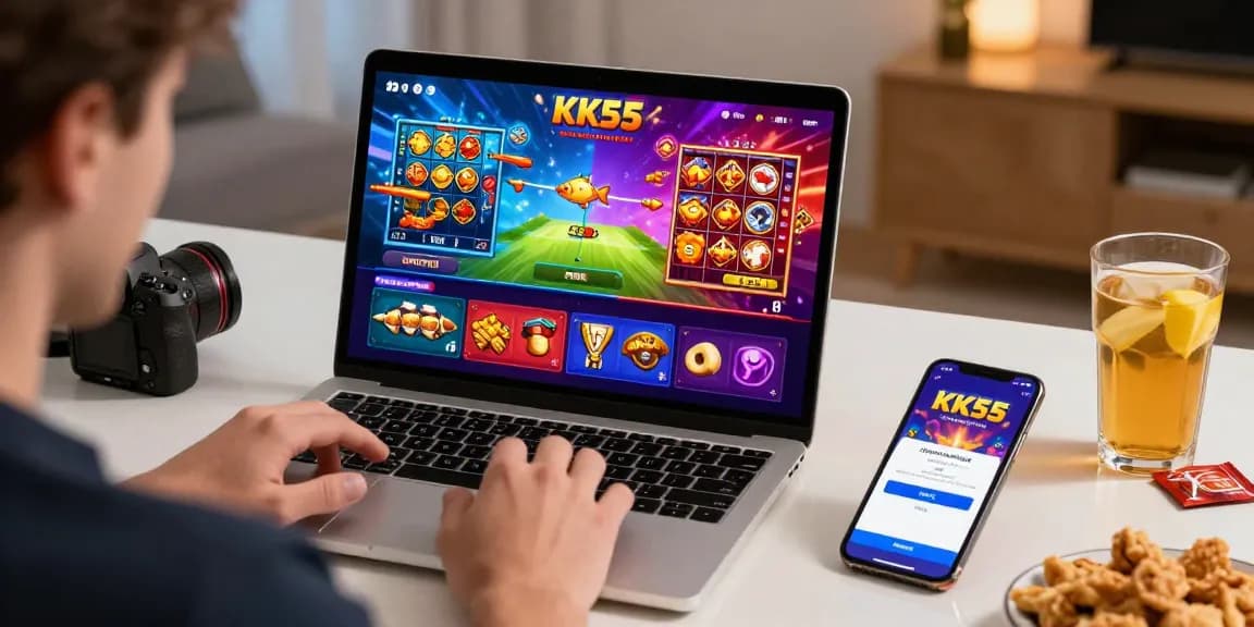 Engaging with KK55 online gambling platform featuring vibrant game visuals and modern home setup.