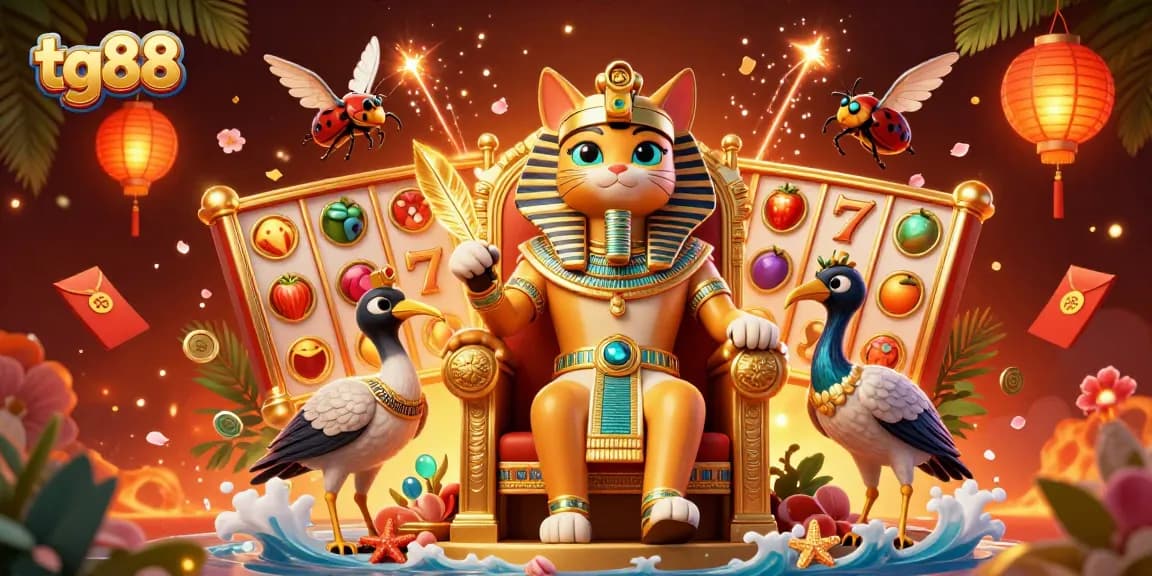 Engage with tg88's vibrant online casino experience featuring dynamic slot reels and playful characters.