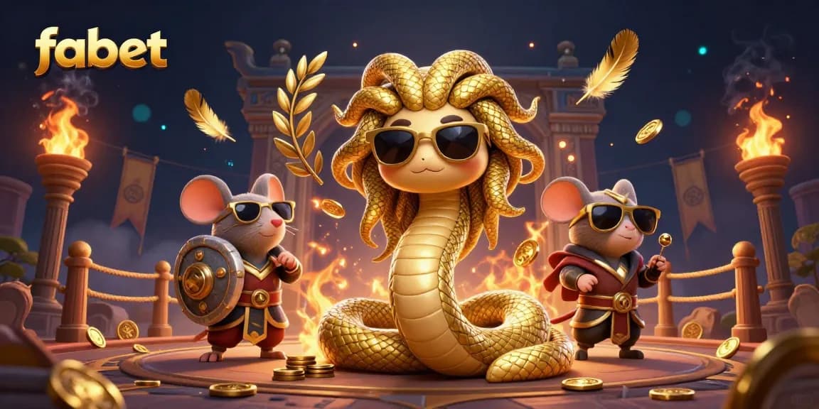 Engage with fabet's lively casino scene featuring Medusa and a warrior mouse amidst gaming elements.