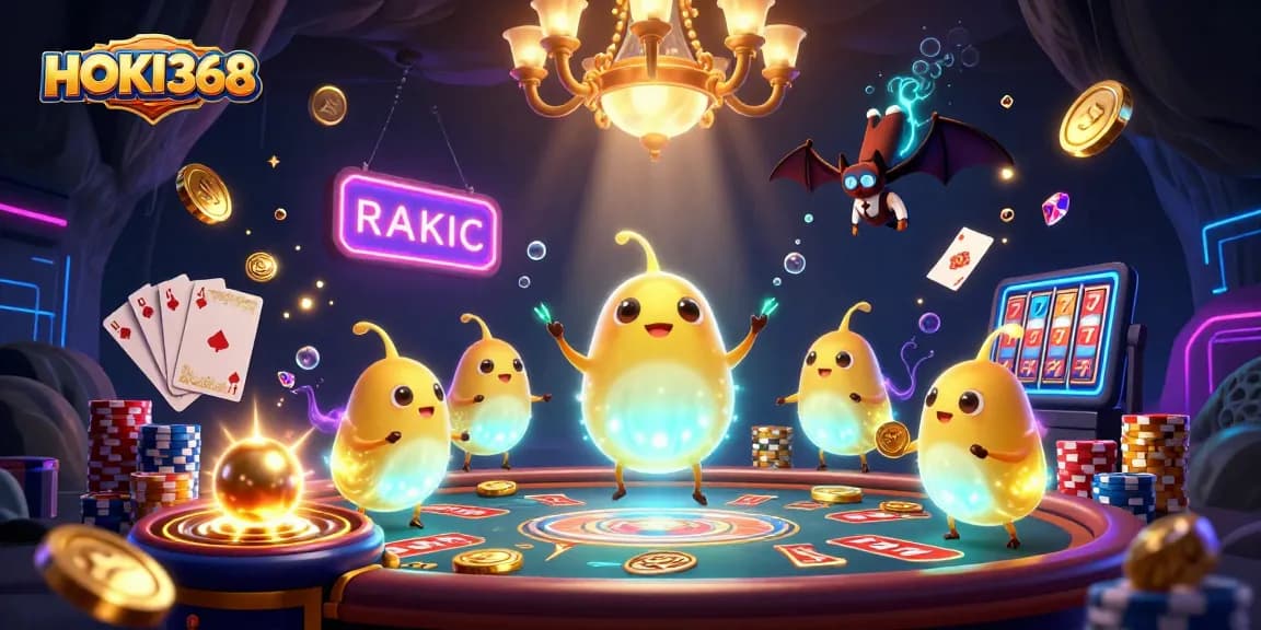 Engage with HOKI368's vibrant casino world, where glowworms bring games to life amidst cascading coins.