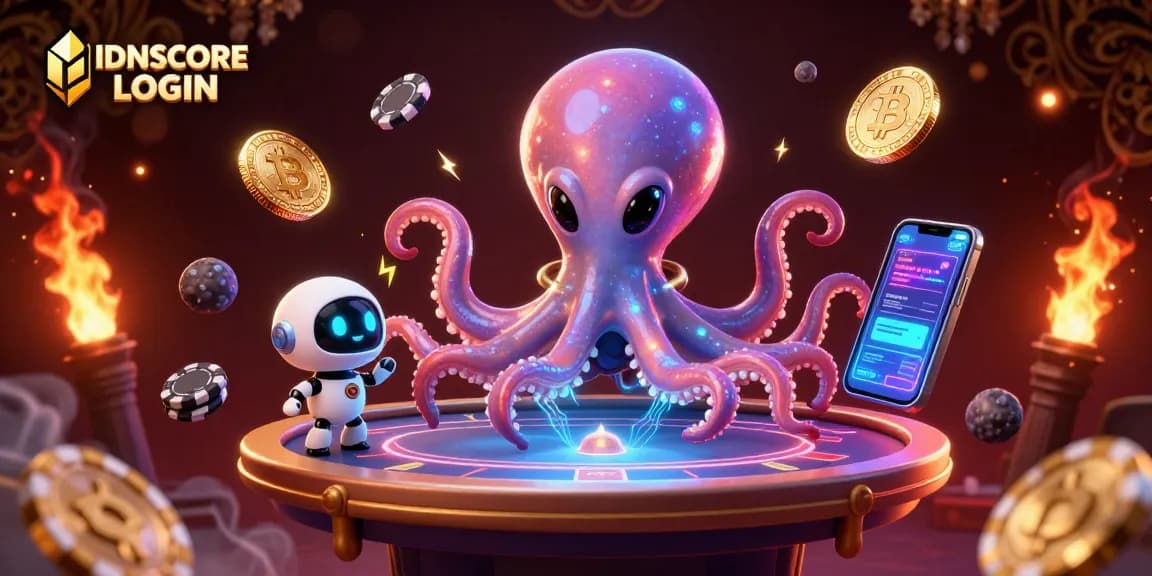 Experience thrilling gaming with IDNSCORE LOGIN surrounded by 3D crypto elements and dynamic alien characters.