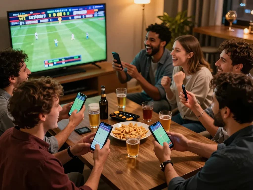 Friends enjoying online sports betting strategies on mobile app while watching live game, keonhacaii camaraderie and excitement.