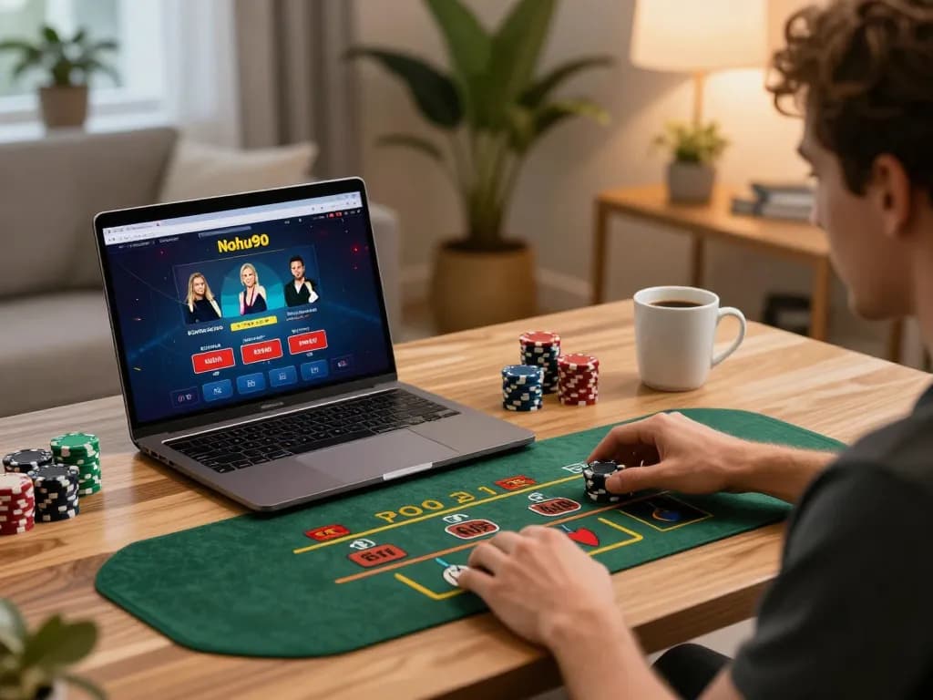 Nohu90 player excitedly placing bets on a live dealer game from a cozy home setup.