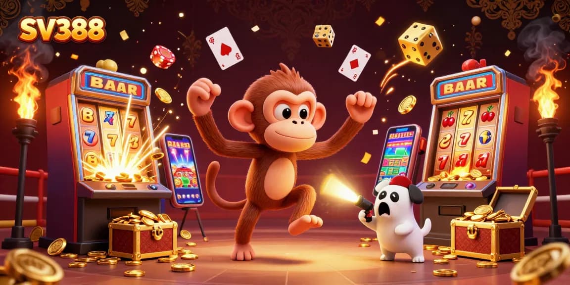 SV388 reveals a thrilling scene of cockfighting with a ghost-hunter puppy tracking a mischievous monkey juggling golden coins.