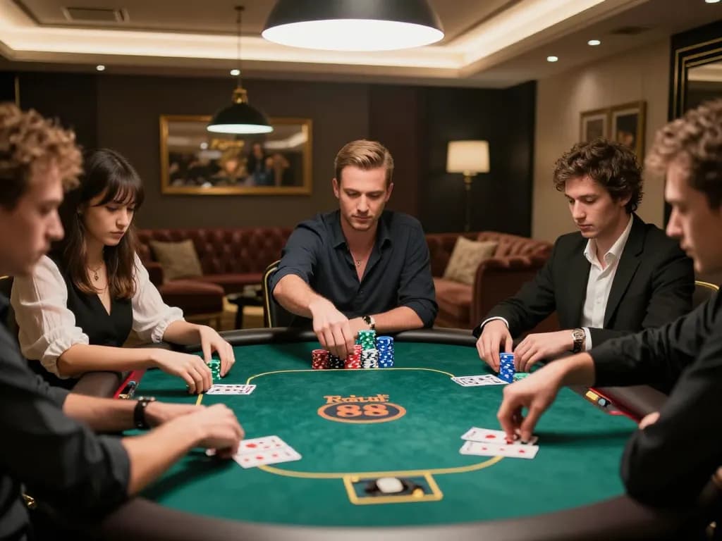 Pemain memasang taruhan strategis di meja poker rokok 88, menampilkan suasana permainan dengan taruhan tinggi.