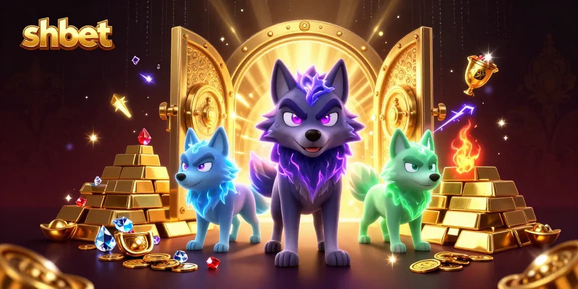 Experience the thrill at shbet with a captivating 3D casino scene featuring mystical wolves amidst golden treasures.