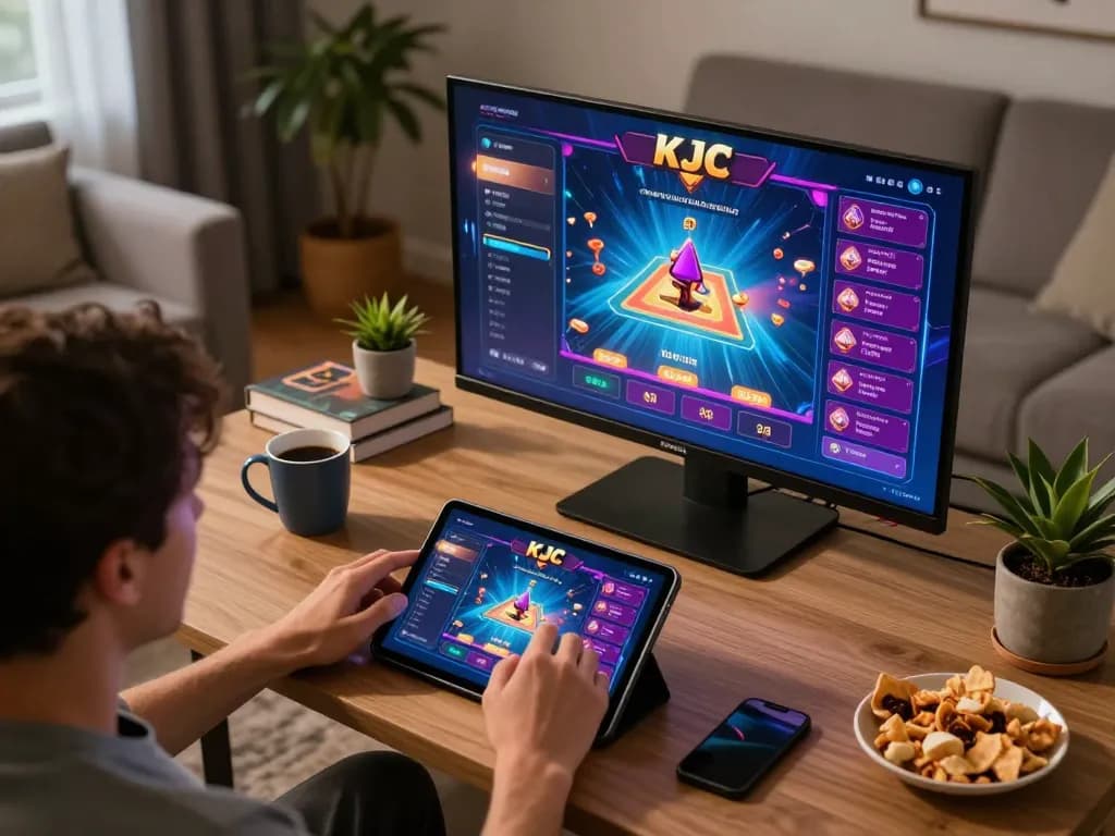 KJC player engaging in online gaming with a tablet in a cozy living room setting