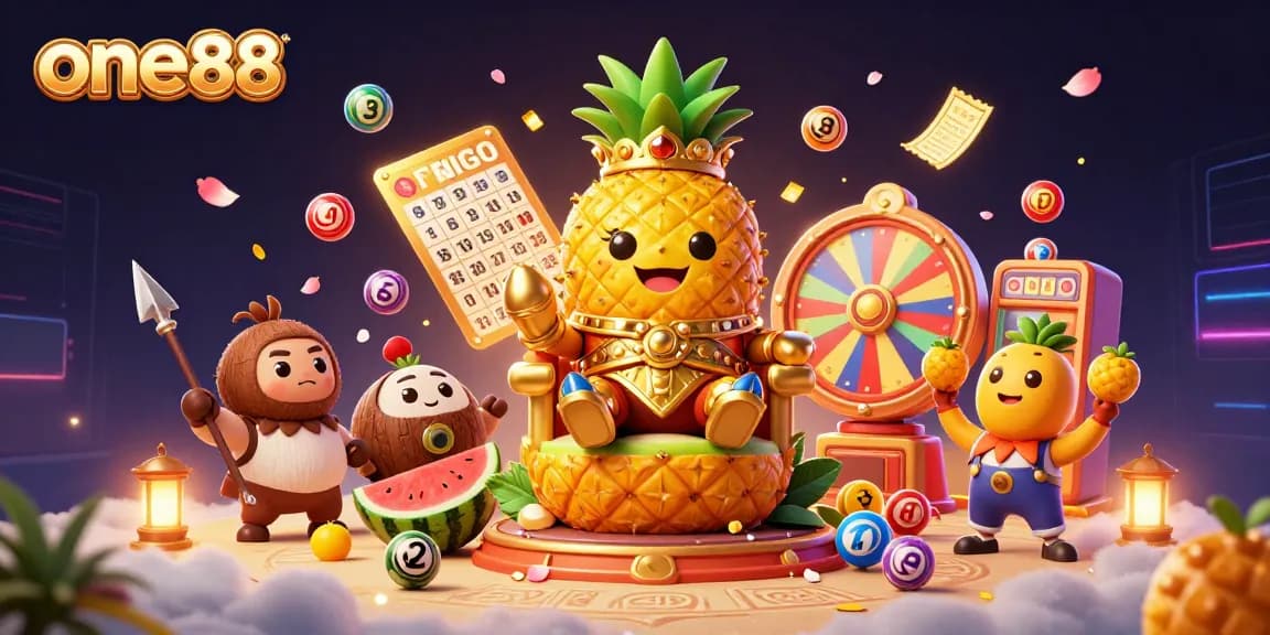 Engage with one88's vibrant casino world featuring the golden pineapple king and festive gaming elements.