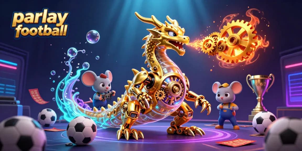 Experience exhilarating action with parlay football in this vibrant 3D illustration featuring a golden dragon amidst sports elements.