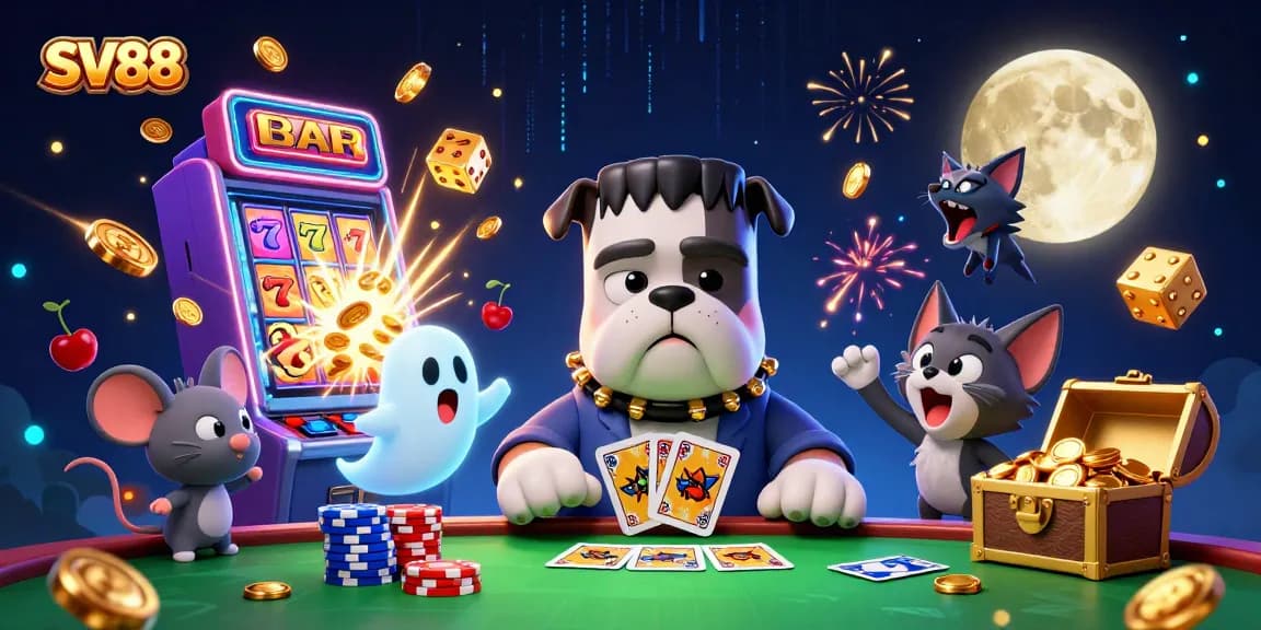 SV88 showcases a thrilling scene of a cartoon monster dealing cards with a ghost mouse, merging gaming excitement.