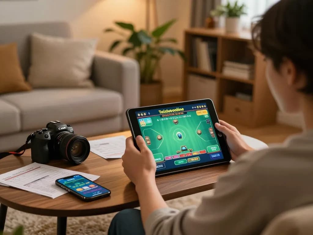 Engaging with taixiuonline on a tablet in a cozy home gaming setup with strategy notes.