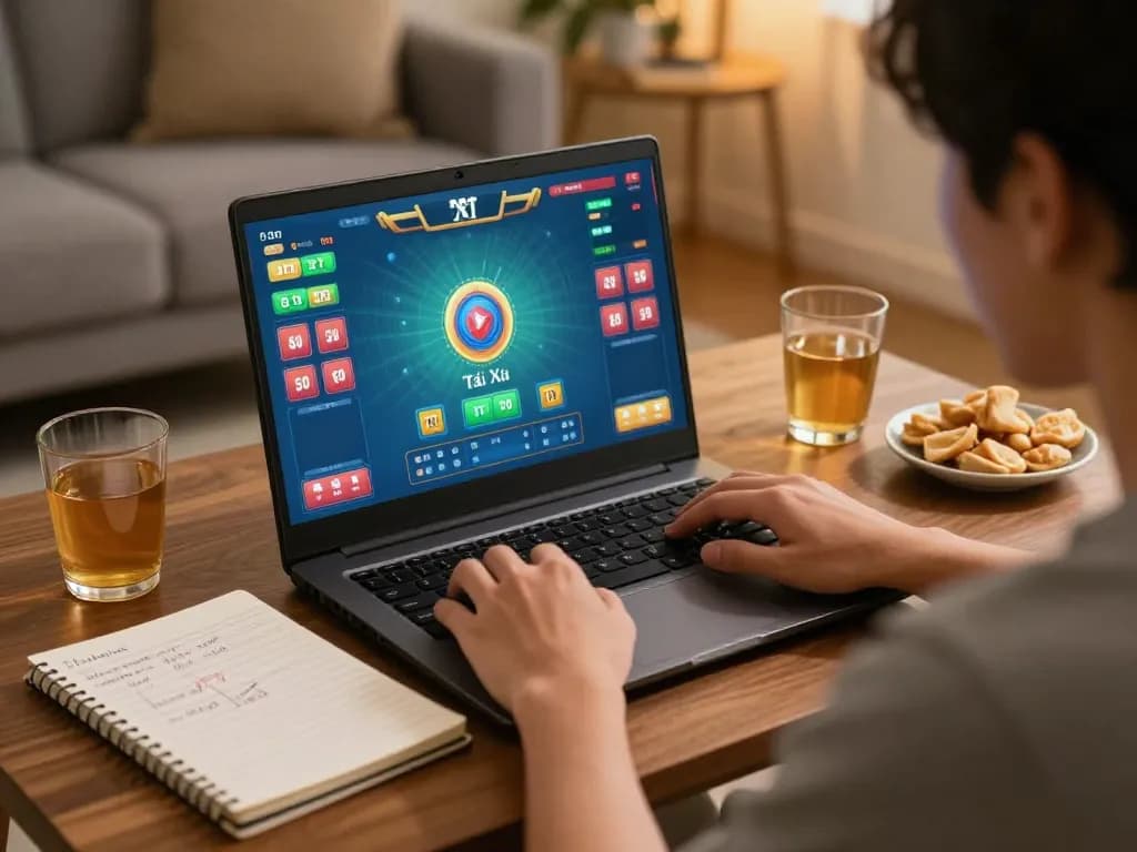 Tài xỉu online uy tín gameplay on laptop in a cozy home setting, highlighting responsible betting strategies.