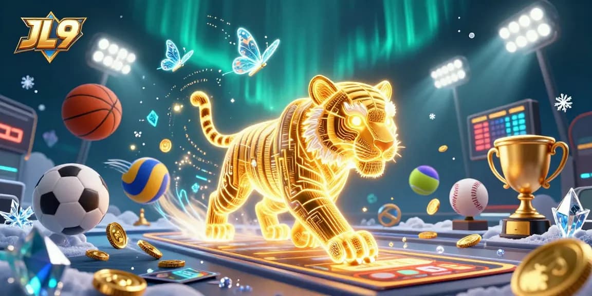 Engage with JL9 as the golden tiger prowls a vibrant digital casino, embodying the essence of dynamic gameplay.