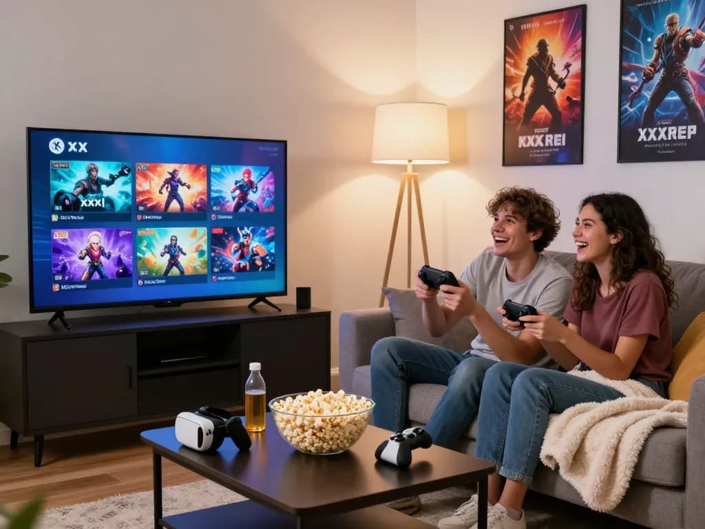 Couple enjoying xxx games together in a cozy living room.